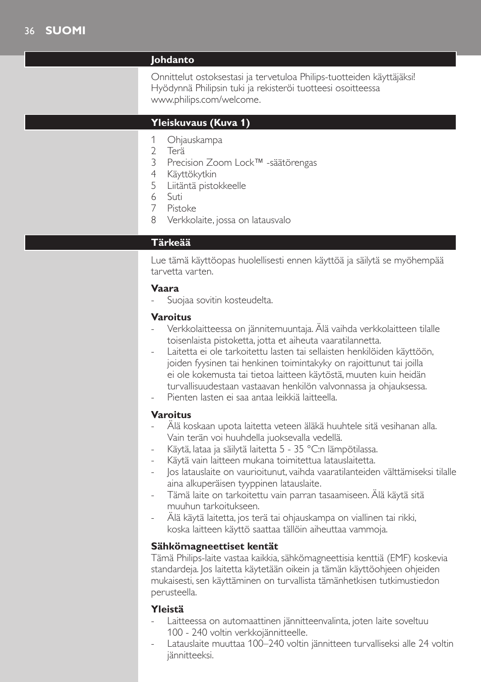 Suomi | Philips BEARDTRIMMER Series 3000 barbero para barba y barba de 2 días User Manual | Page 36 / 88