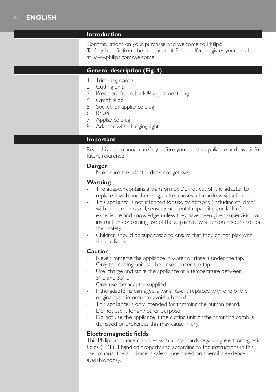 English | Philips BEARDTRIMMER Series 3000 barbero para barba y barba de 2 días User Manual | Page 4 / 88