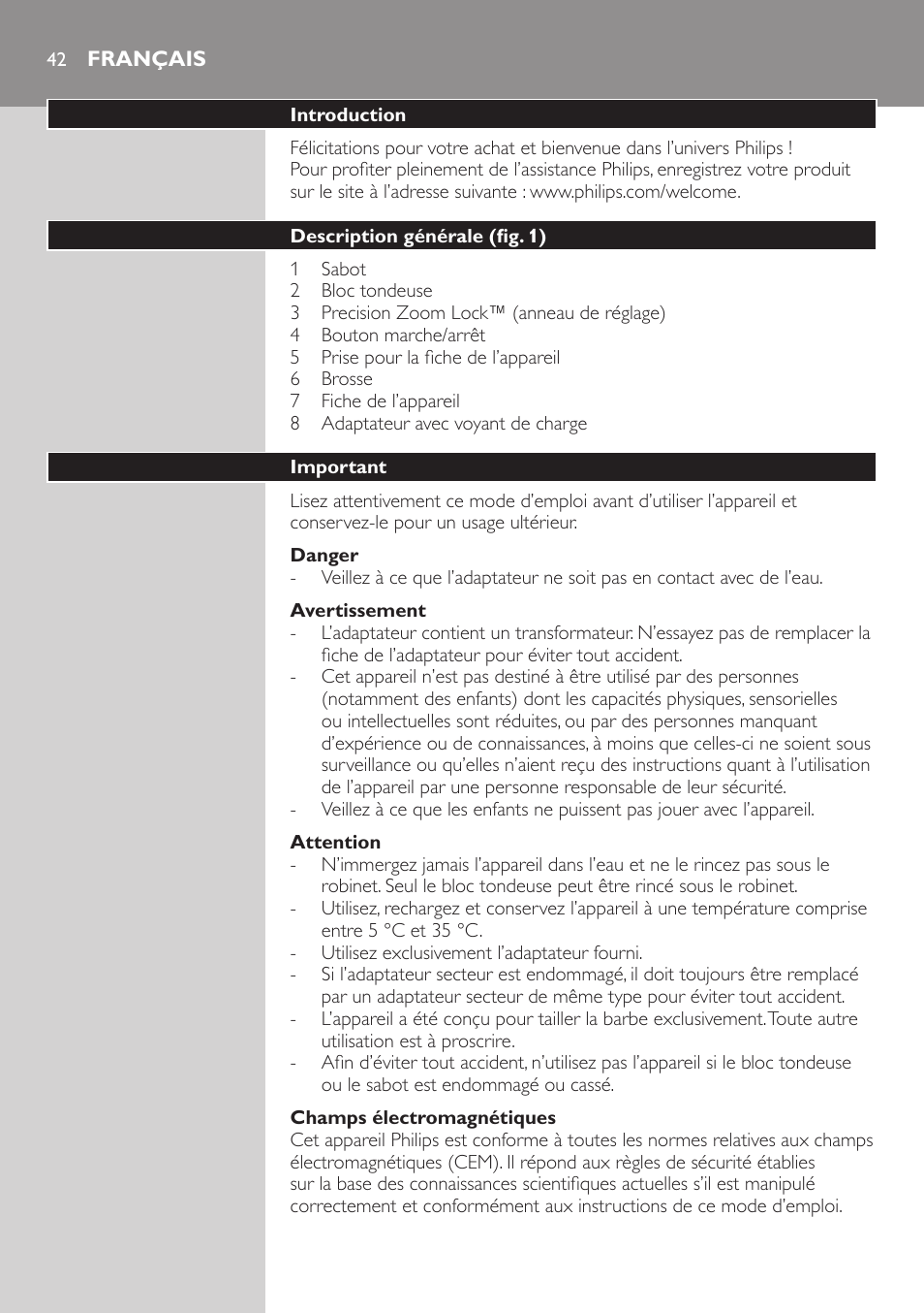Français, Français 4 | Philips BEARDTRIMMER Series 3000 barbero para barba y barba de 2 días User Manual | Page 42 / 88