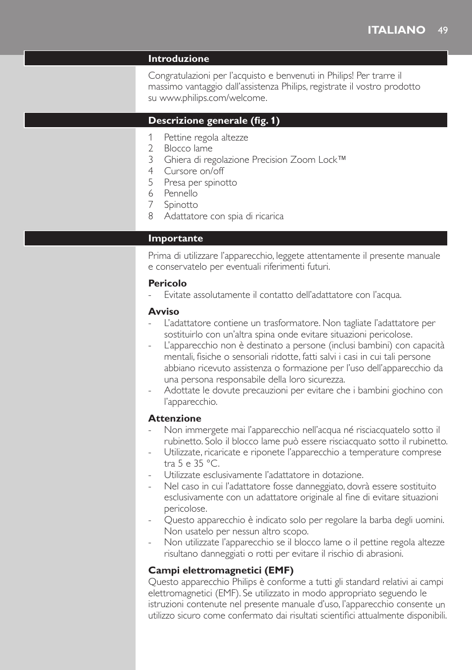 Italiano | Philips BEARDTRIMMER Series 3000 barbero para barba y barba de 2 días User Manual | Page 49 / 88