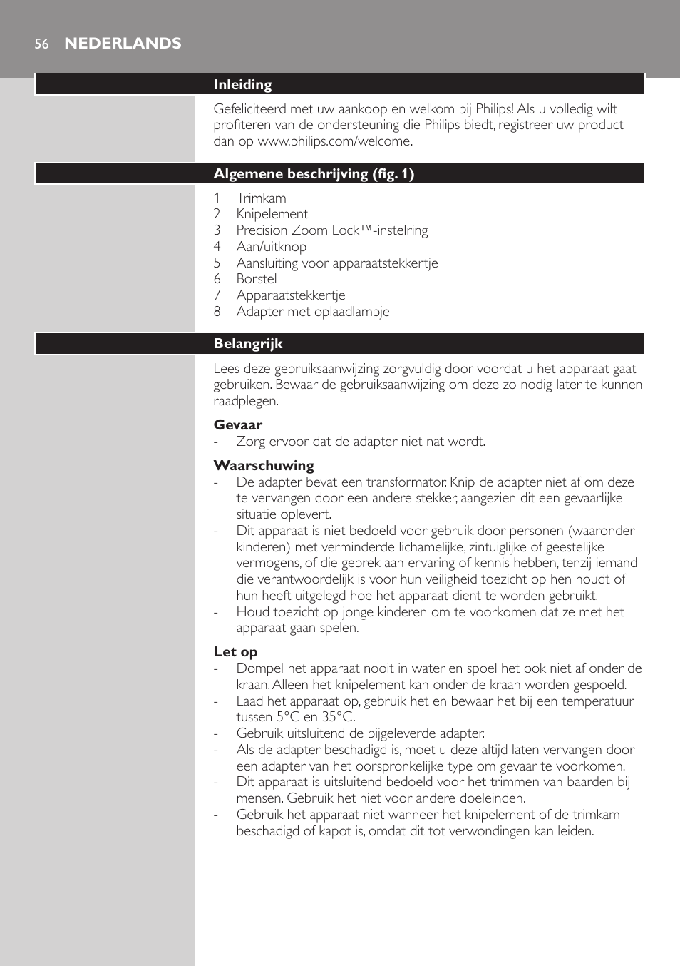 Nederlands, Nederlands 5 | Philips BEARDTRIMMER Series 3000 barbero para barba y barba de 2 días User Manual | Page 56 / 88