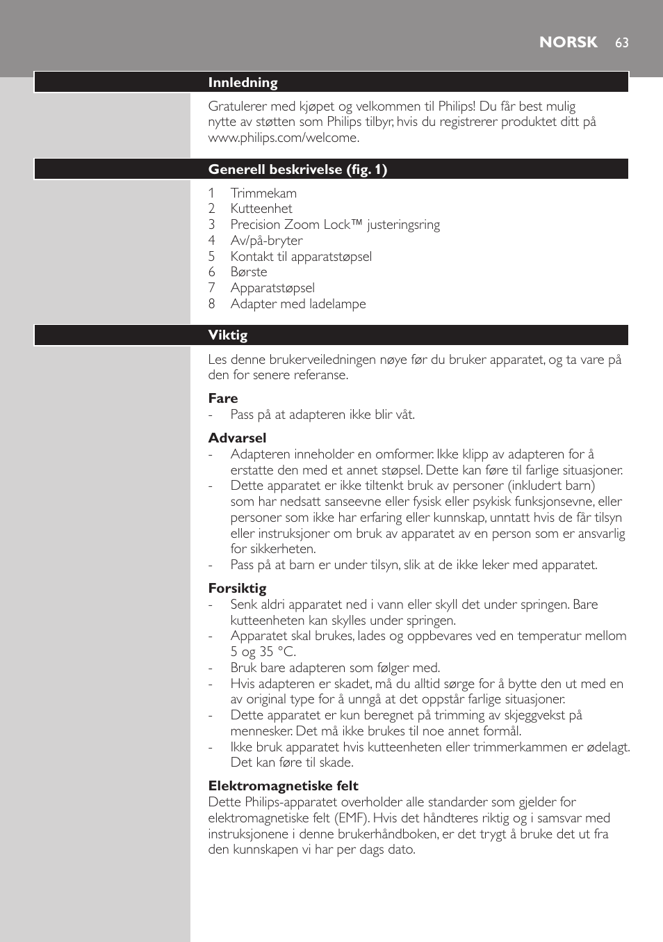 Norsk, Norsk 63 | Philips BEARDTRIMMER Series 3000 barbero para barba y barba de 2 días User Manual | Page 63 / 88