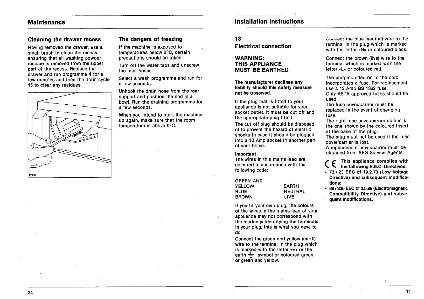 Cleaning the drawer recess, The dangers of freezing, Electrical connection | Warning, This appliance must be earthed | AEG 2200 I W-D User Manual | Page 11 / 22