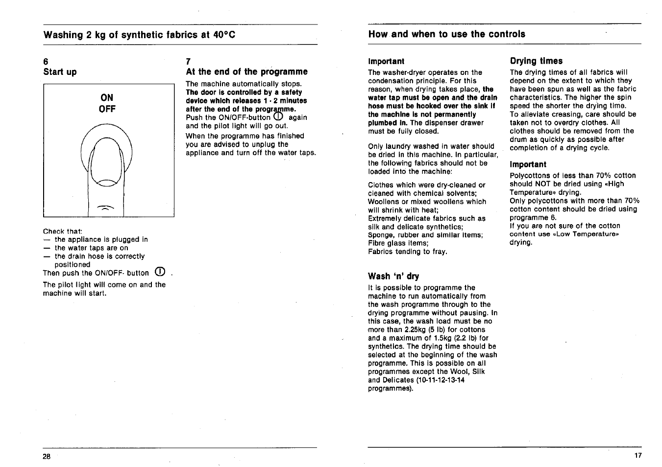 Start up, Important, Drying times | Wash ‘n’ dry | AEG 2200 I W-D User Manual | Page 17 / 22