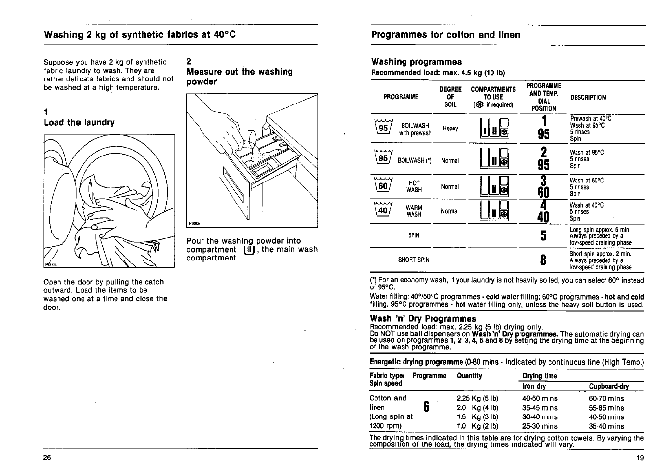 Load the iaundry, Measure out the washing powder, Washing programmes | Wash ’n’ dry programmes, Ujifi | AEG 2200 I W-D User Manual | Page 19 / 22