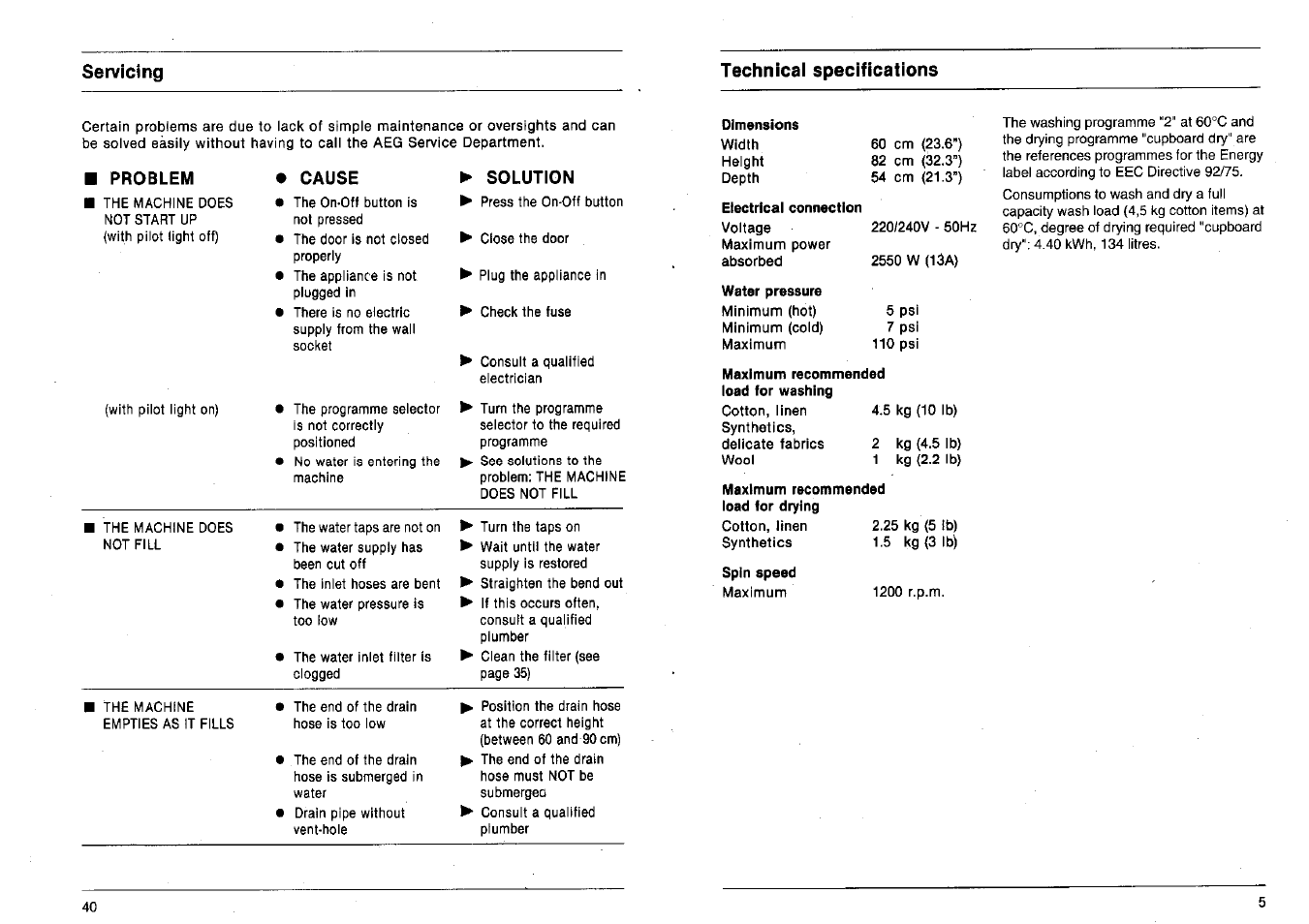 Problem, Cause, Solution | Dimensions, Electrical connection, Water pressure, Maximum recommended load for washing, Maximum recommended load for drying, Spin speed | AEG 2200 I W-D User Manual | Page 5 / 22