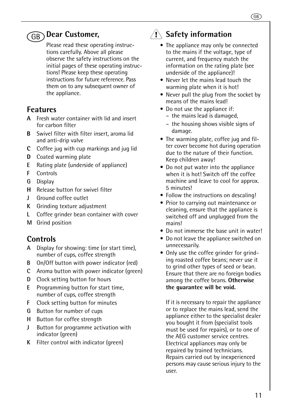 Dear customer, Features, Controls | Safety information | AEG KAM120 User Manual | Page 5 / 13