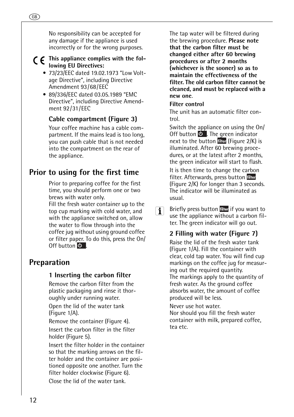 Prior to using for the first time, Preparation | AEG KAM120 User Manual | Page 6 / 13