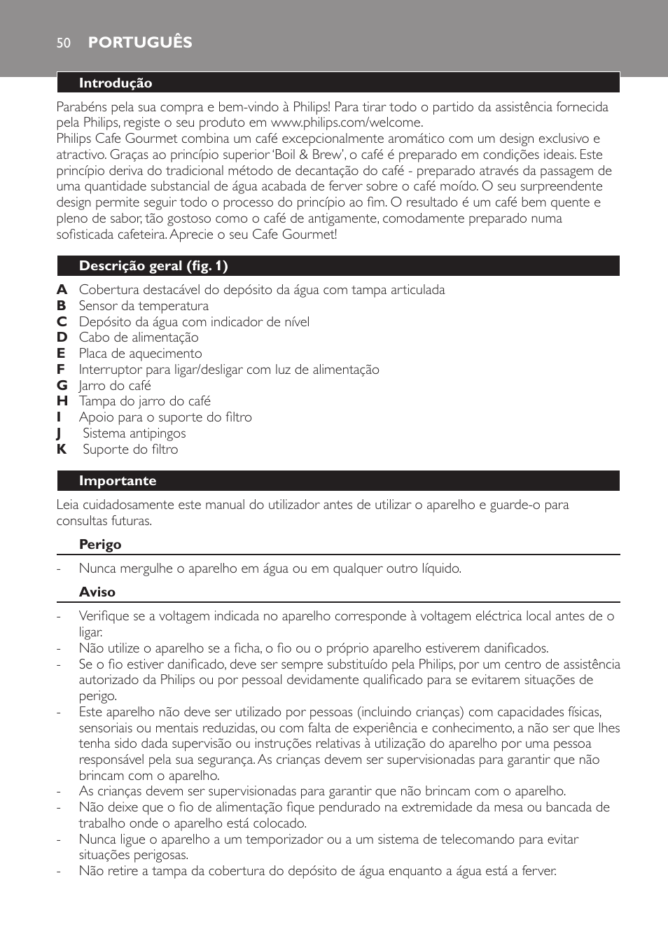 Português, Português 50 | Philips Café Gourmet Cafetera User Manual | Page 50 / 64