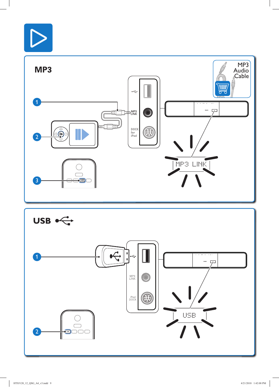 Mp3 audio cable | Philips Sistema de cine en casa User Manual | Page 9 / 12