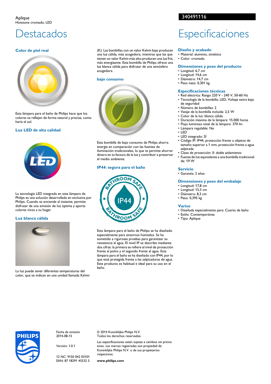 Destacados, Especificaciones | Philips myBathroom Aplique User Manual | Page 2 / 2