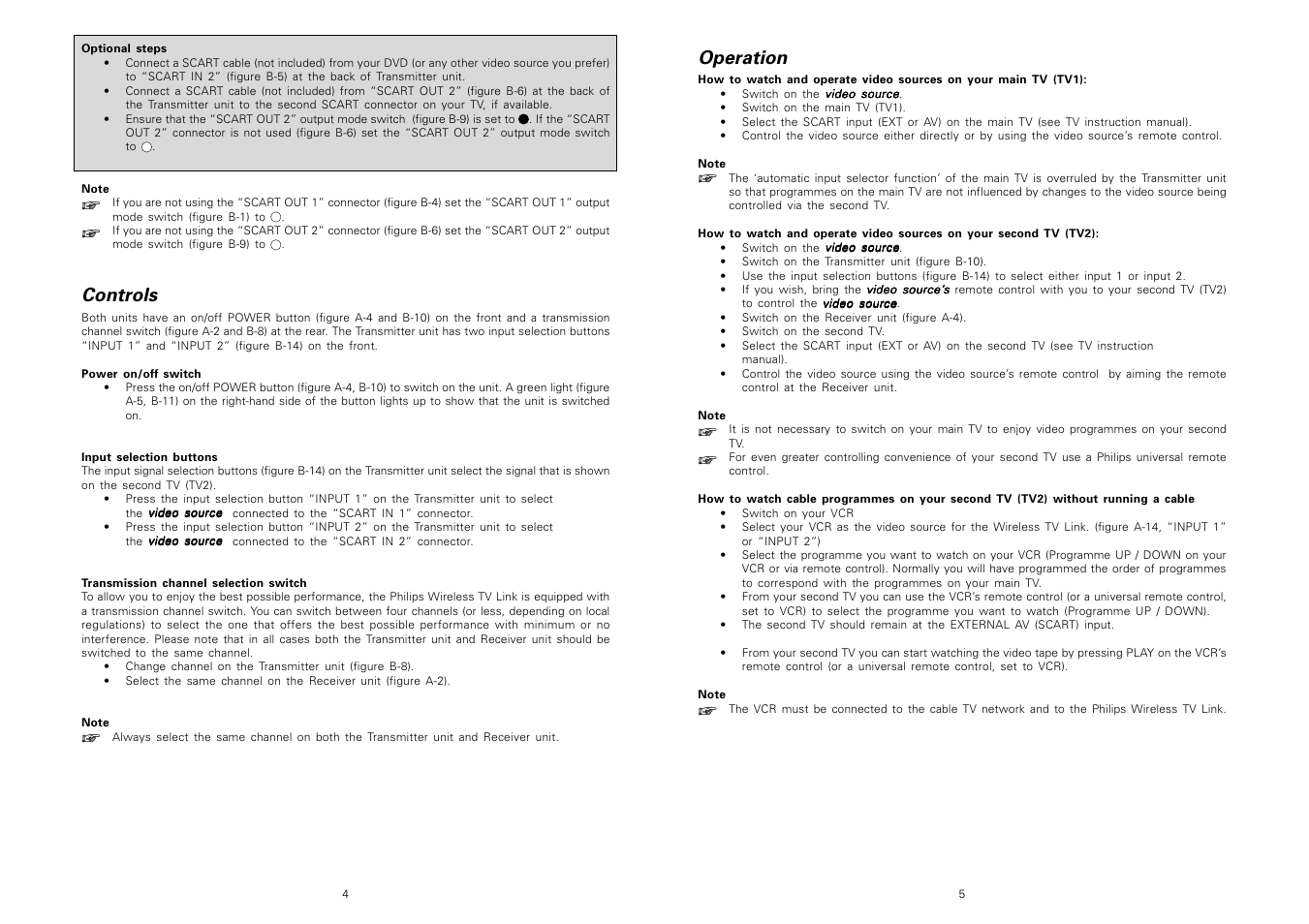 Operation, Controls | Philips TV Link inalámbrico User Manual | Page 4 / 52