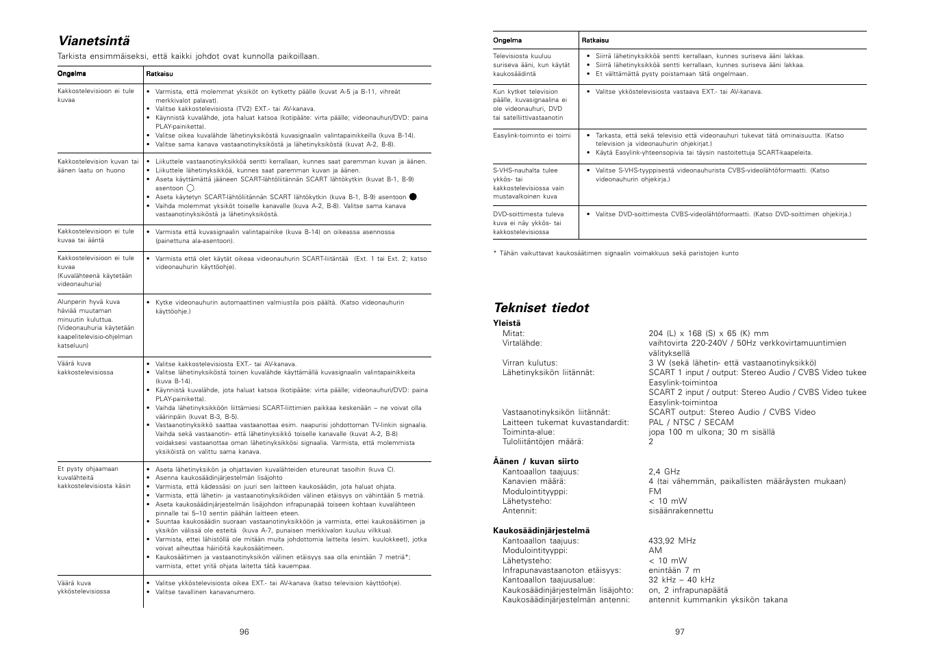 Vianetsintä, Tekniset tiedot | Philips TV Link inalámbrico User Manual | Page 50 / 52