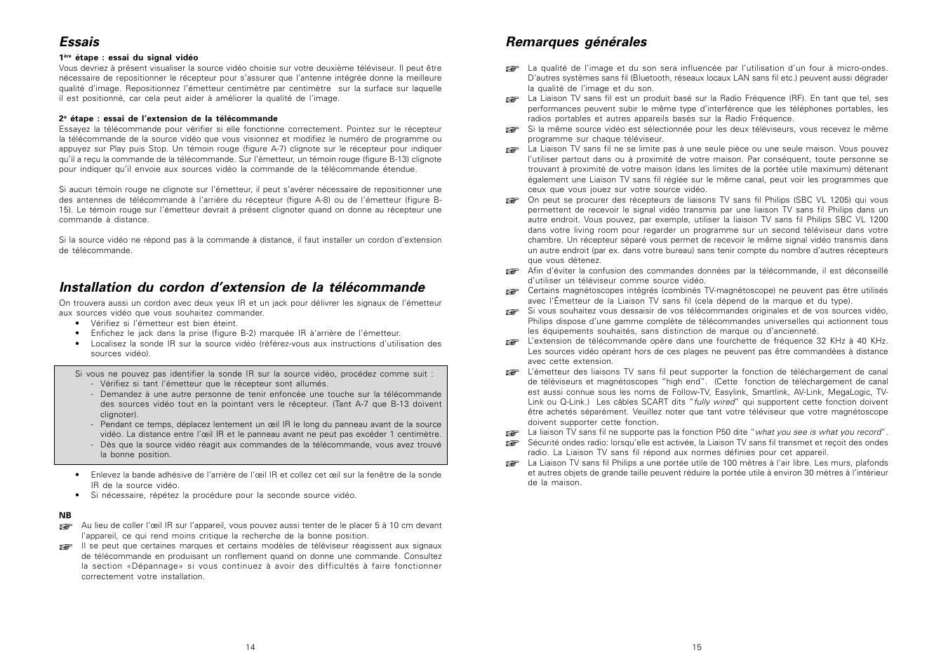 Essais, Remarques générales | Philips TV Link inalámbrico User Manual | Page 9 / 52