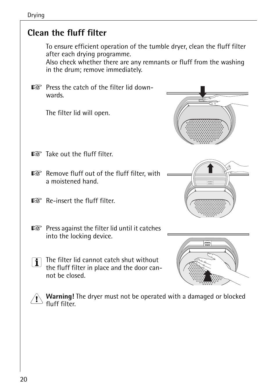Clean the fluff filter | AEG LAVATHERM 57520 User Manual | Page 20 / 36