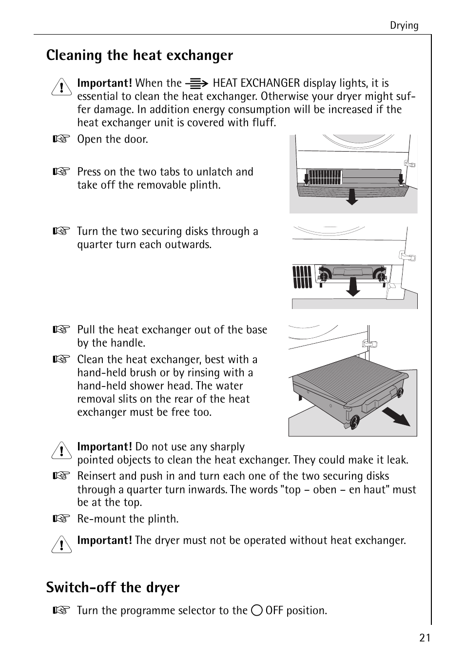 Cleaning the heat exchanger, Switch-off the dryer | AEG LAVATHERM 57520 User Manual | Page 21 / 36
