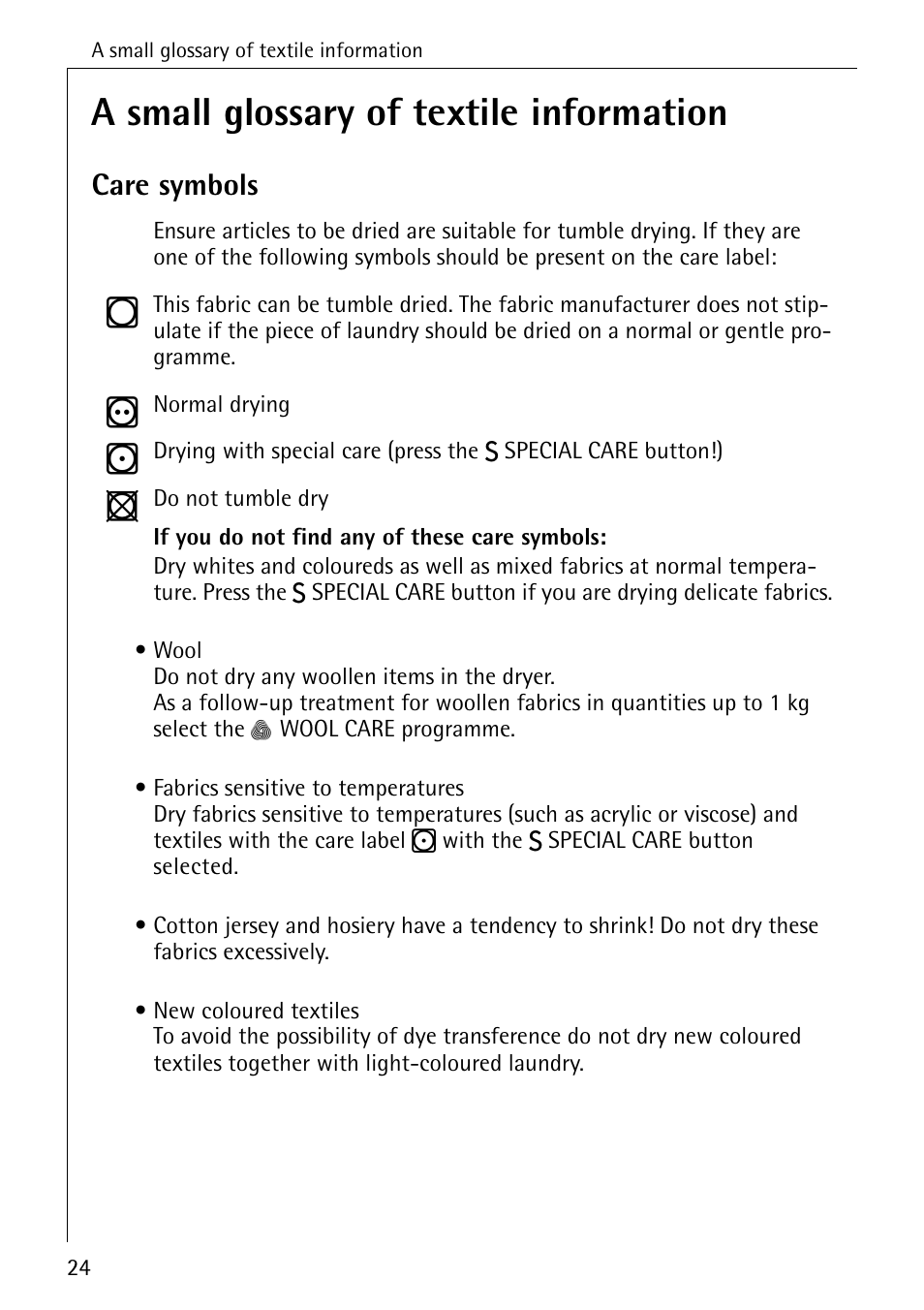 A small glossary of textile information, Care symbols | AEG LAVATHERM 57520 User Manual | Page 24 / 36