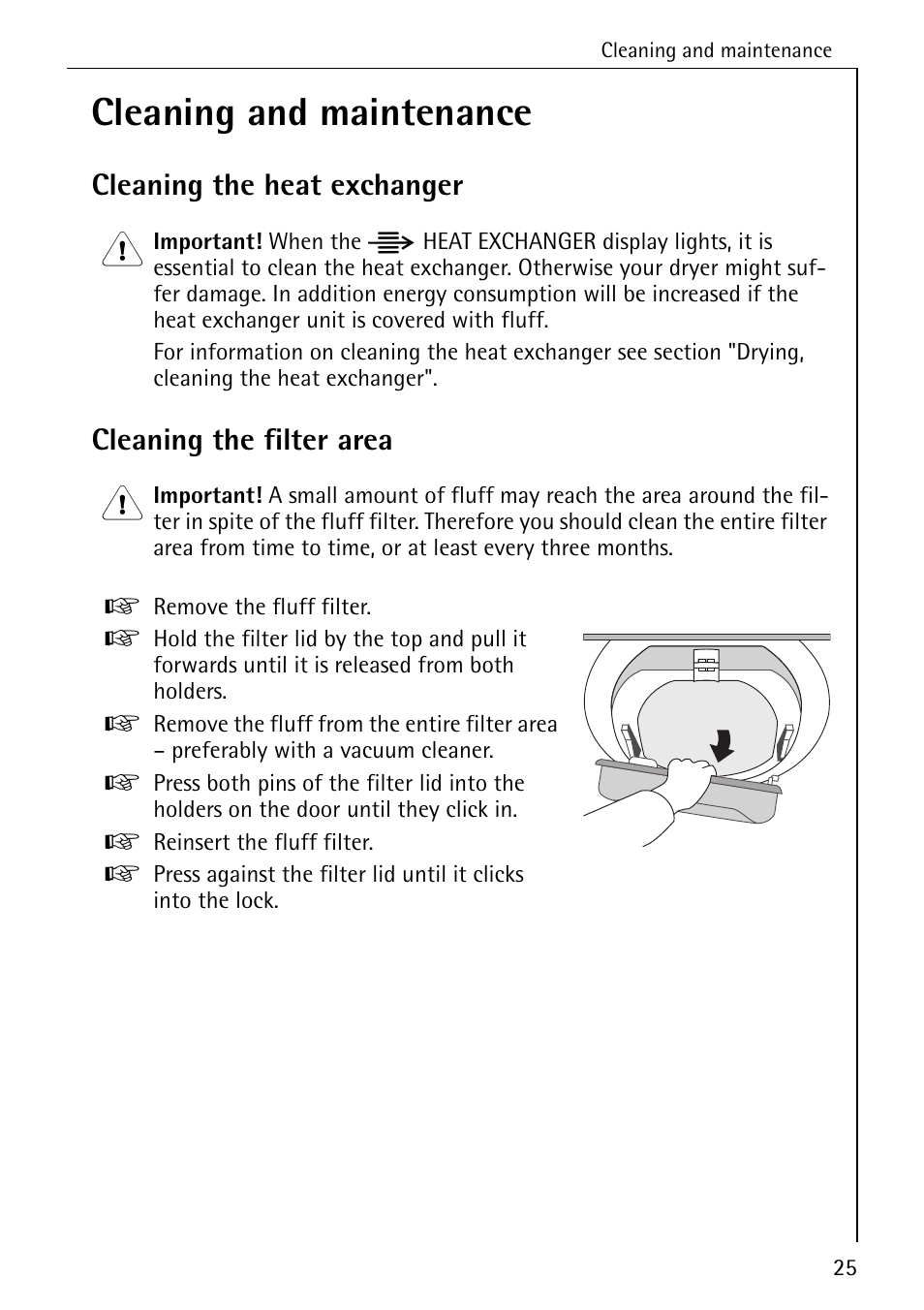 Cleaning and maintenance, Cleaning the heat exchanger, Cleaning the filter area | AEG LAVATHERM 57520 User Manual | Page 25 / 36