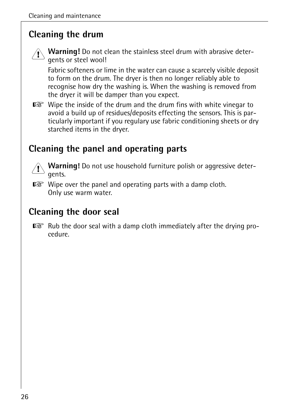 Cleaning the drum, Cleaning the panel and operating parts, Cleaning the door seal | AEG LAVATHERM 57520 User Manual | Page 26 / 36