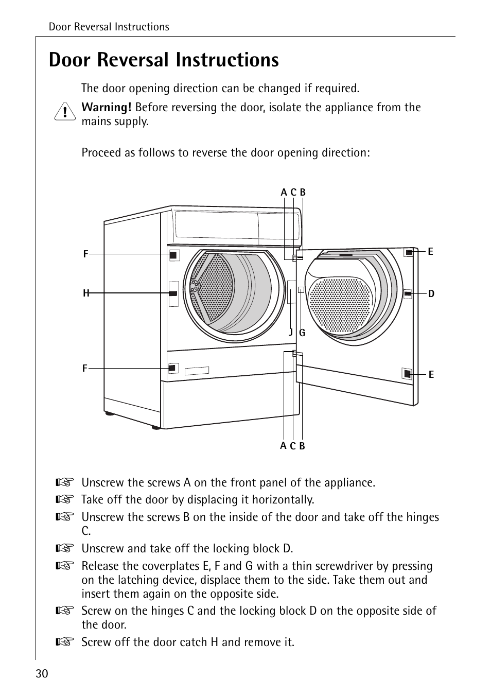 Door reversal instructions | AEG LAVATHERM 57520 User Manual | Page 30 / 36