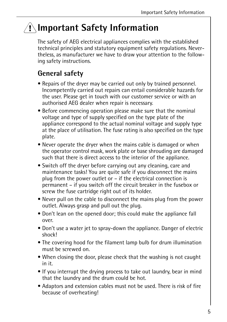 1 important safety information, General safety | AEG LAVATHERM 57520 User Manual | Page 5 / 36