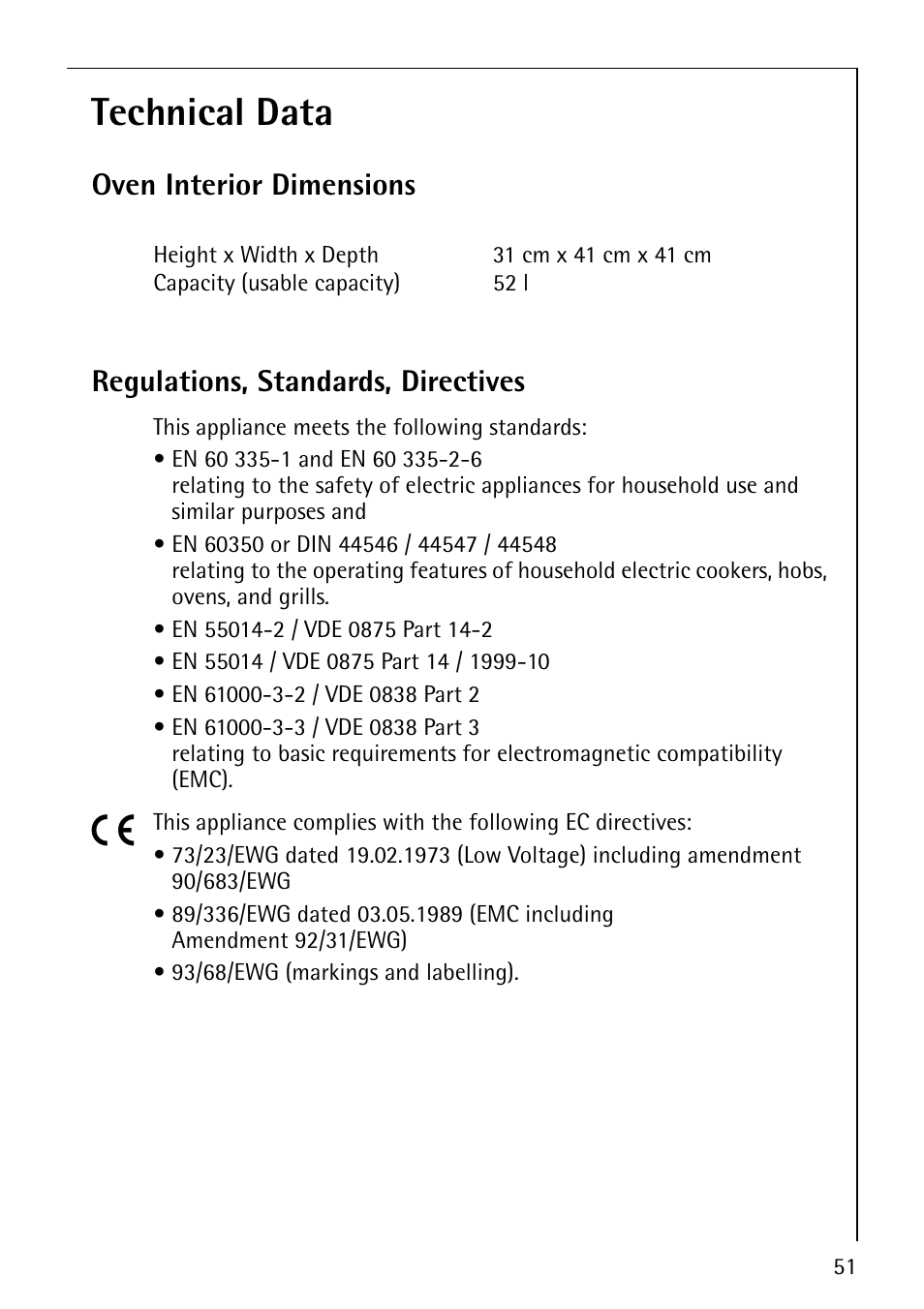 Technical data | AEG COMPETENCE B4130-1 User Manual | Page 51 / 56