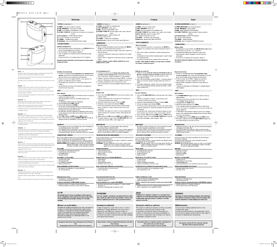 Nederlands, Italiano, Portugués | Dansk, Let op, Attenzione, Aviso, Aovarsel, Met het oog op het milieu, Informazioni amhientali | Philips Radio portátil User Manual | Page 2 / 2