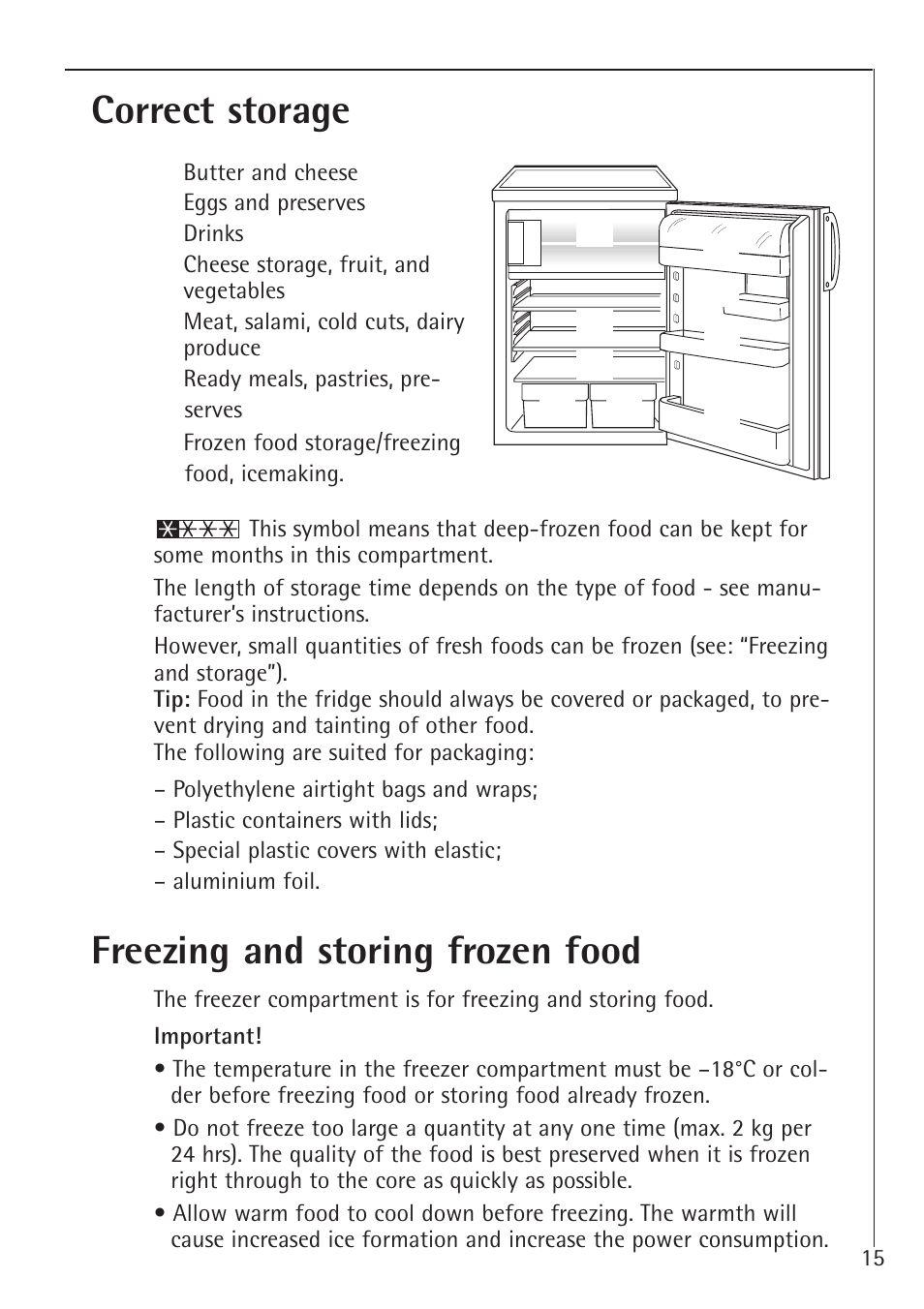 Correct storage, Freezing and storing frozen food | AEG Santo 1450-7 TK User Manual | Page 15 / 28