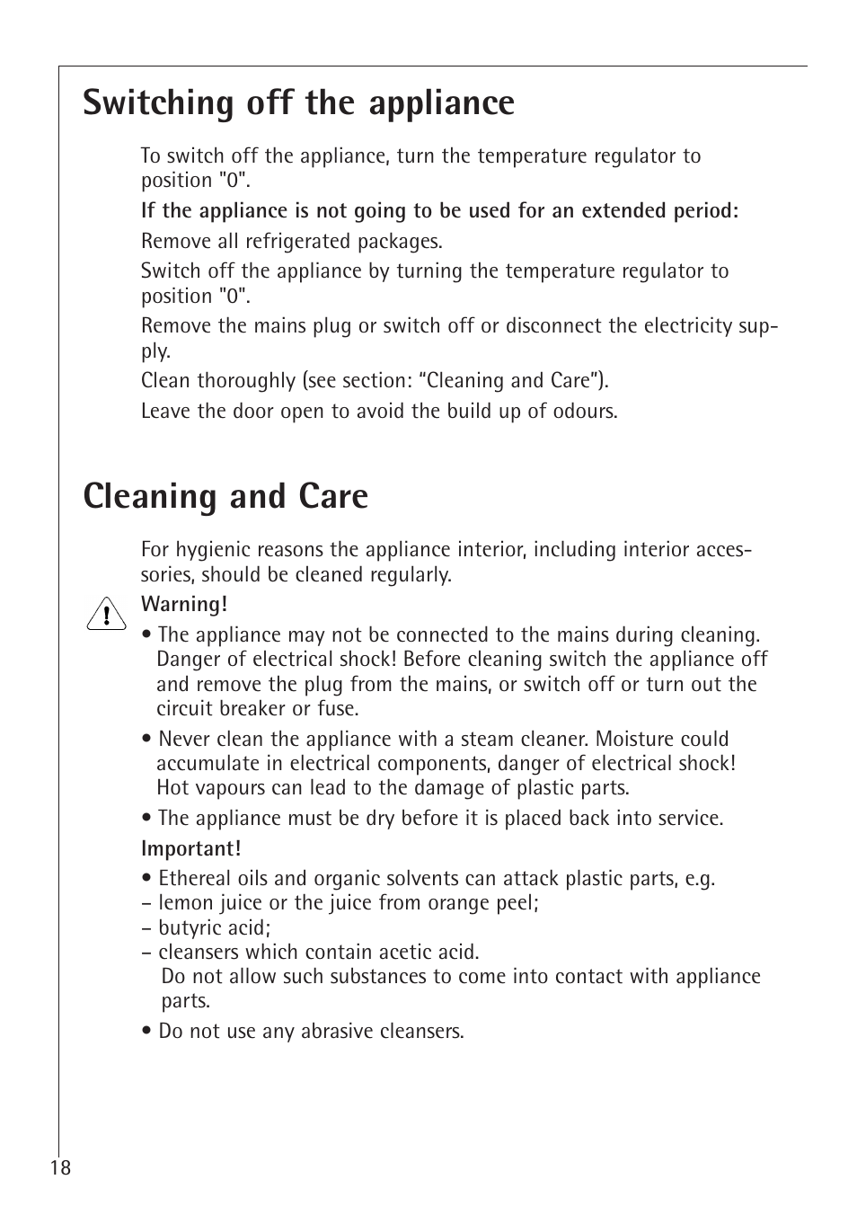 Switching off the appliance, Cleaning and care | AEG Santo 1450-7 TK User Manual | Page 18 / 28