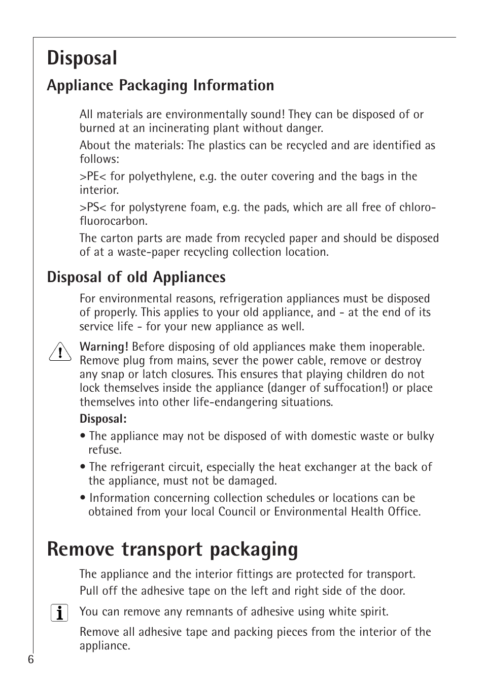 Disposal, Remove transport packaging | AEG Santo 1450-7 TK User Manual | Page 6 / 28