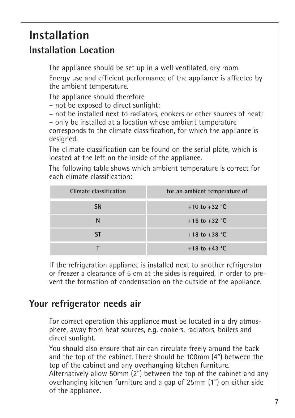 Installation, Installation location, Your refrigerator needs air | AEG Santo 1450-7 TK User Manual | Page 7 / 28