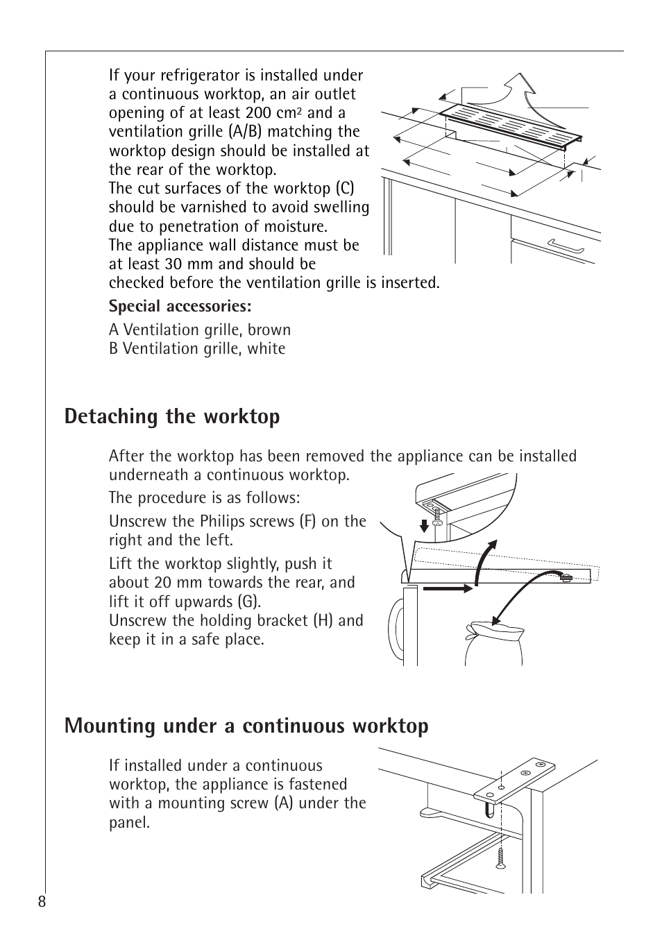 Detaching the worktop, Mounting under a continuous worktop | AEG Santo 1450-7 TK User Manual | Page 8 / 28