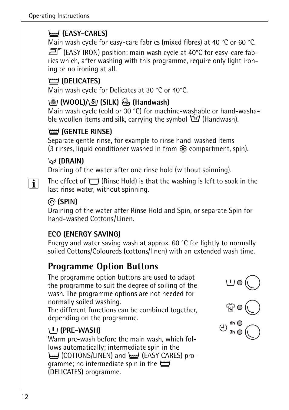 Programme option buttons | AEG LAVAMAT W 1255 User Manual | Page 12 / 52