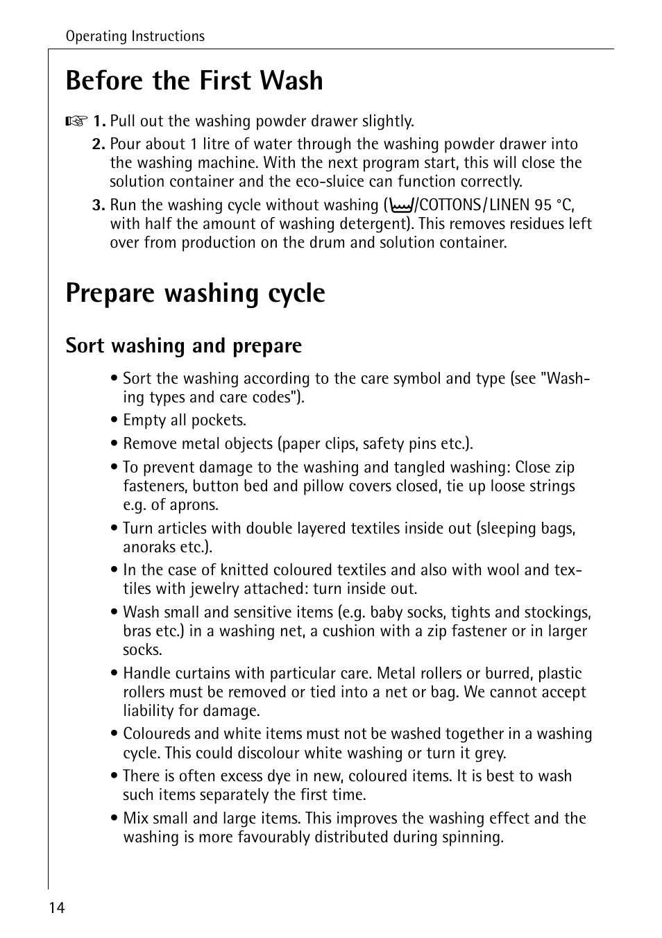 Before the first wash, Prepare washing cycle, Sort washing and prepare | AEG LAVAMAT W 1255 User Manual | Page 14 / 52