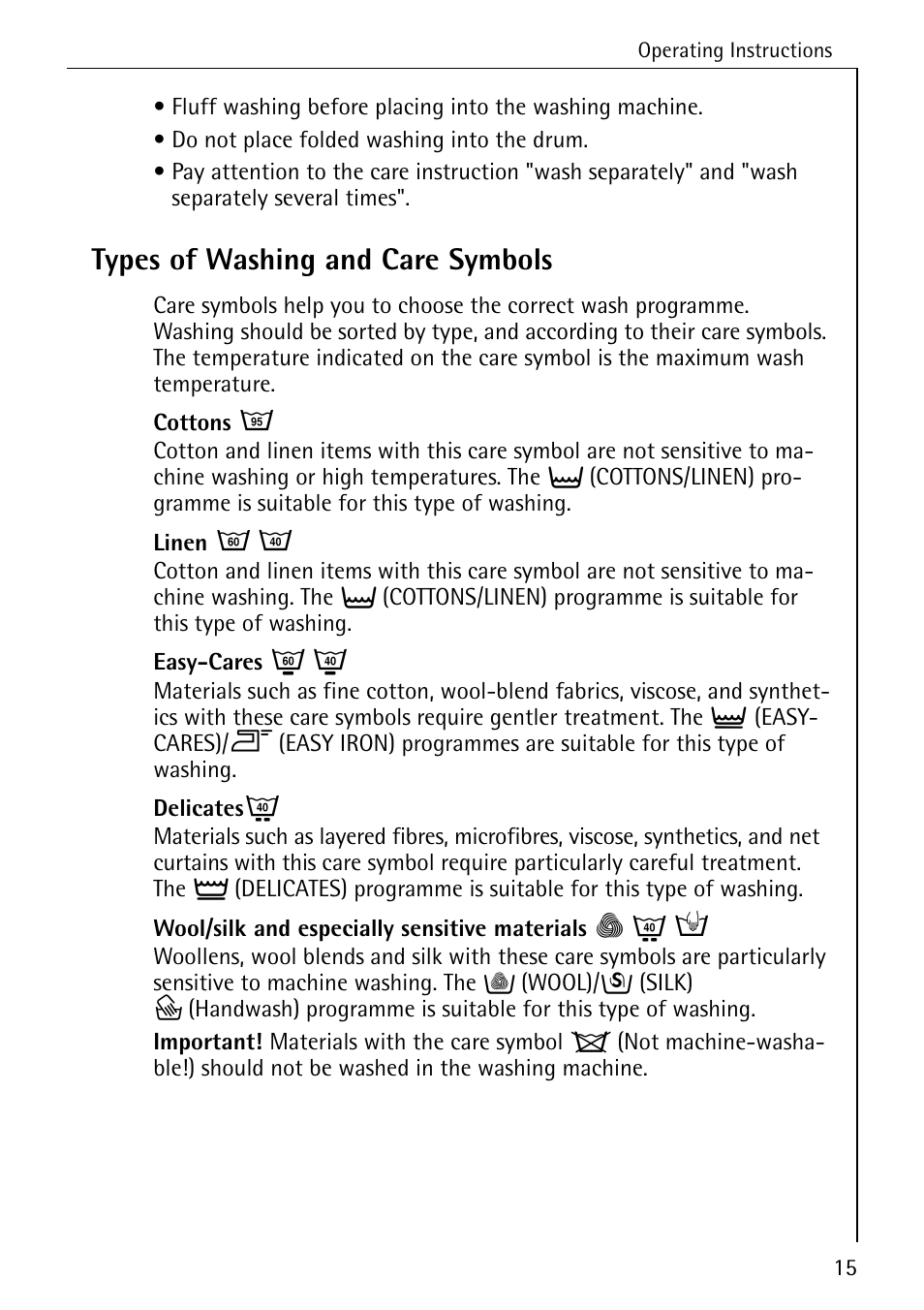 Types of washing and care symbols | AEG LAVAMAT W 1255 User Manual | Page 15 / 52