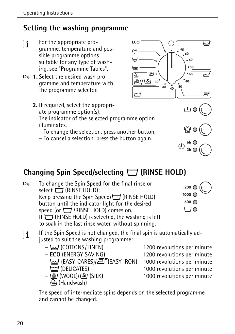 Setting the washing programme, Changing spin speed/selecting o (rinse hold) | AEG LAVAMAT W 1255 User Manual | Page 20 / 52