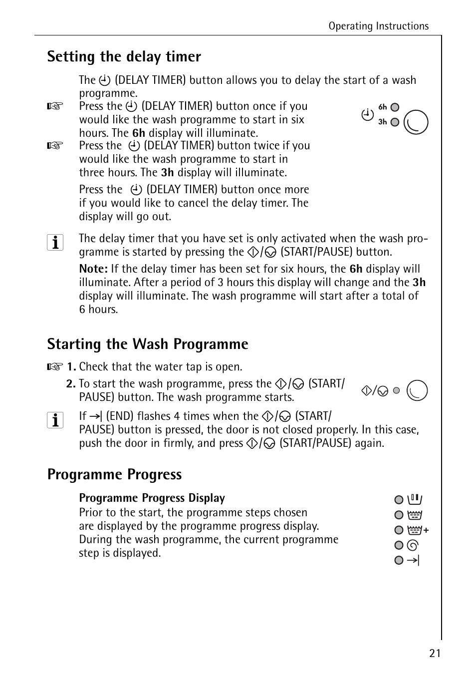 Setting the delay timer, Starting the wash programme, Programme progress | AEG LAVAMAT W 1255 User Manual | Page 21 / 52