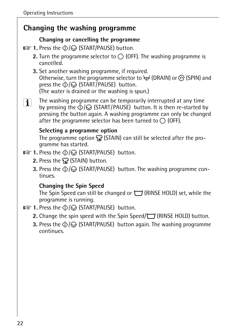 Changing the washing programme | AEG LAVAMAT W 1255 User Manual | Page 22 / 52