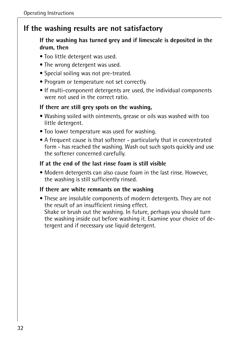 If the washing results are not satisfactory | AEG LAVAMAT W 1255 User Manual | Page 32 / 52