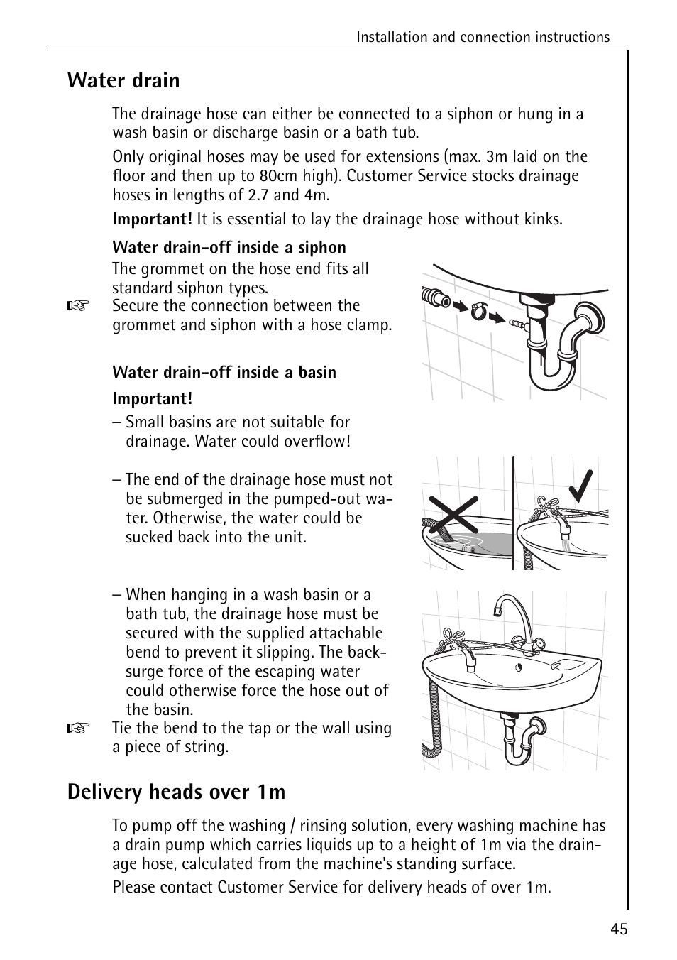 Water drain, Delivery heads over 1m | AEG LAVAMAT W 1255 User Manual | Page 45 / 52