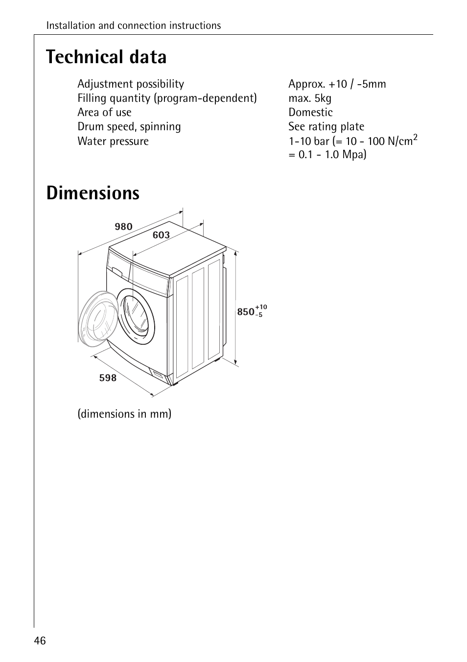 Technical data dimensions | AEG LAVAMAT W 1255 User Manual | Page 46 / 52