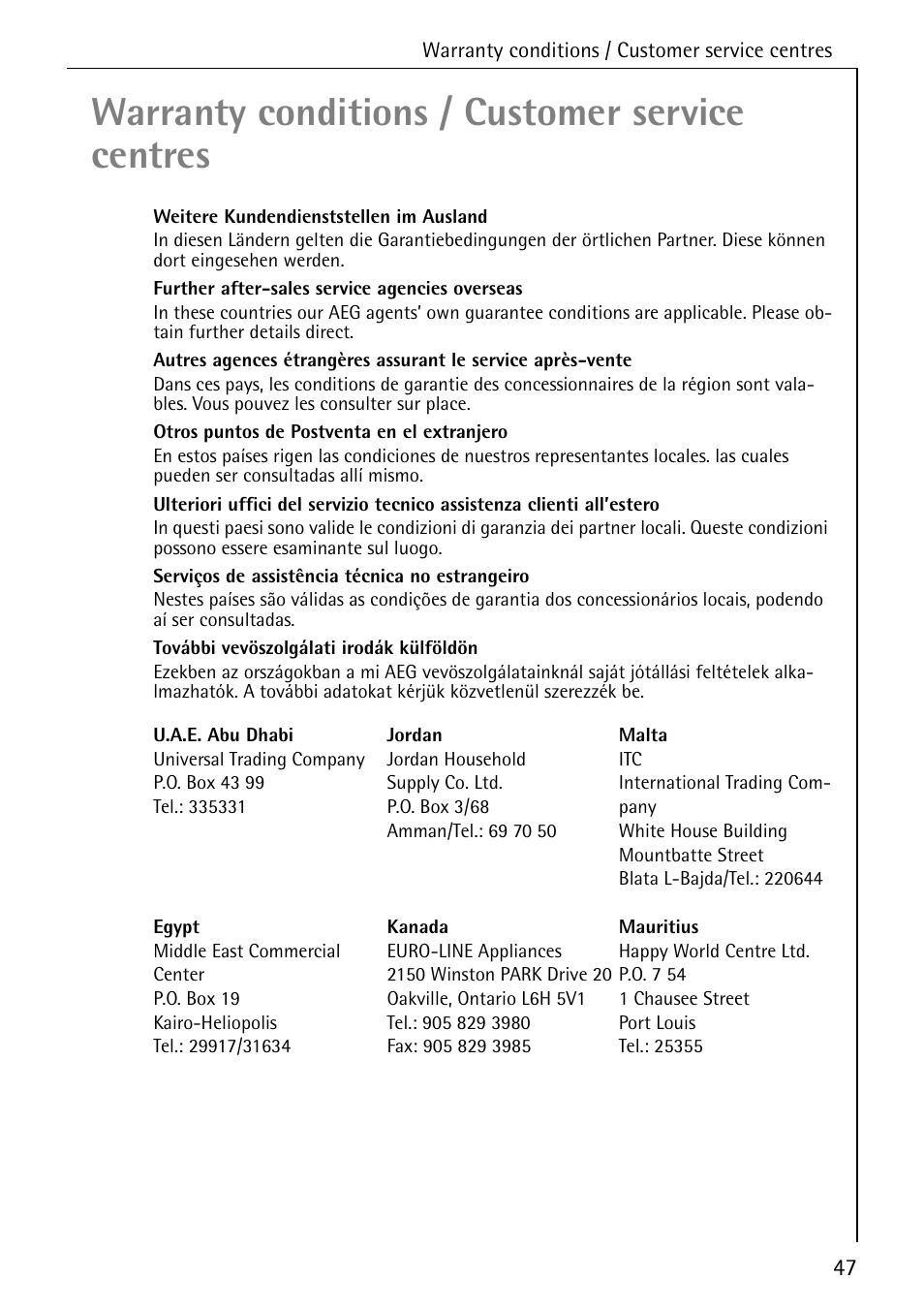 Warranty conditions / customer service centres | AEG LAVAMAT W 1255 User Manual | Page 47 / 52