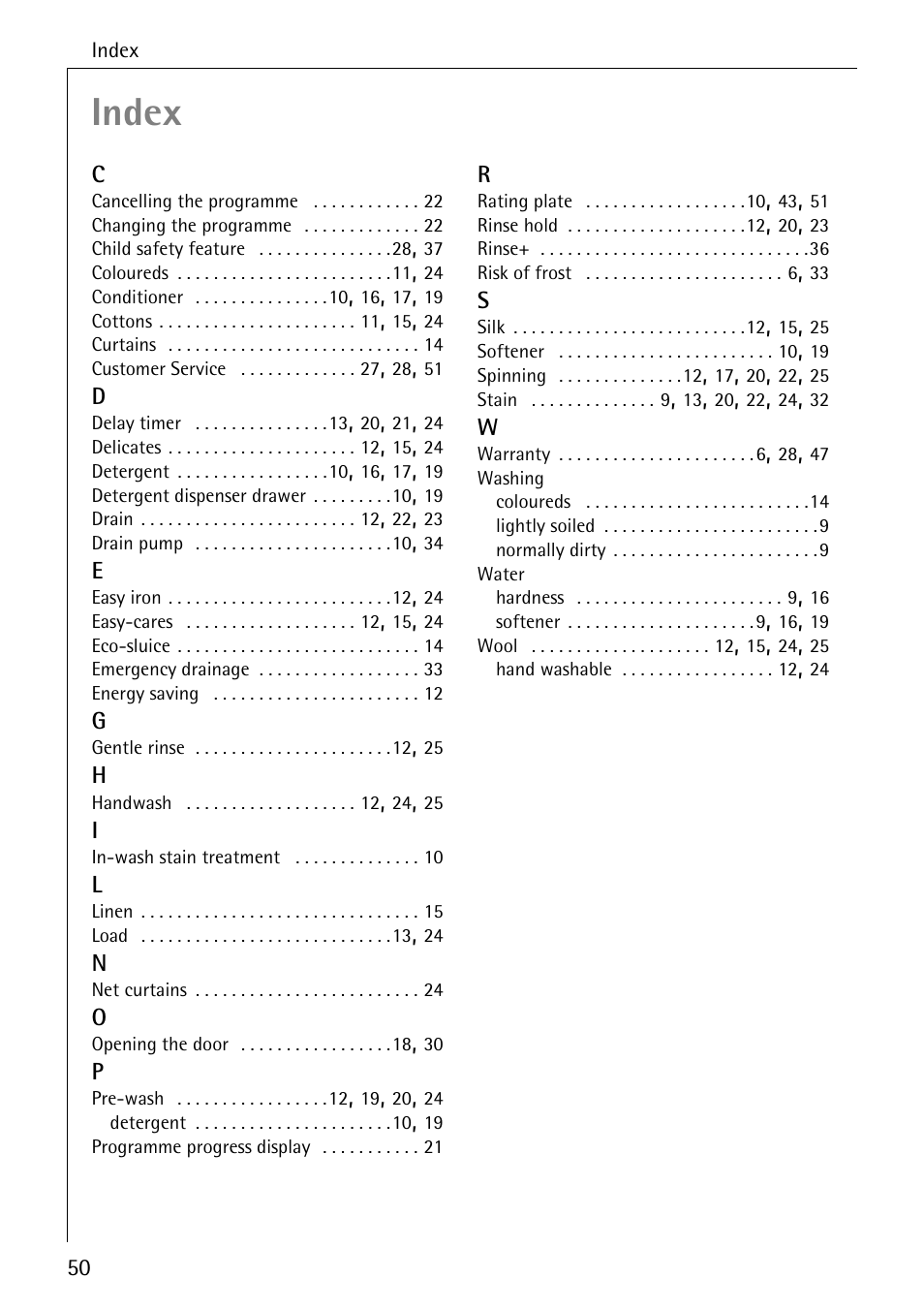 Index | AEG LAVAMAT W 1255 User Manual | Page 50 / 52
