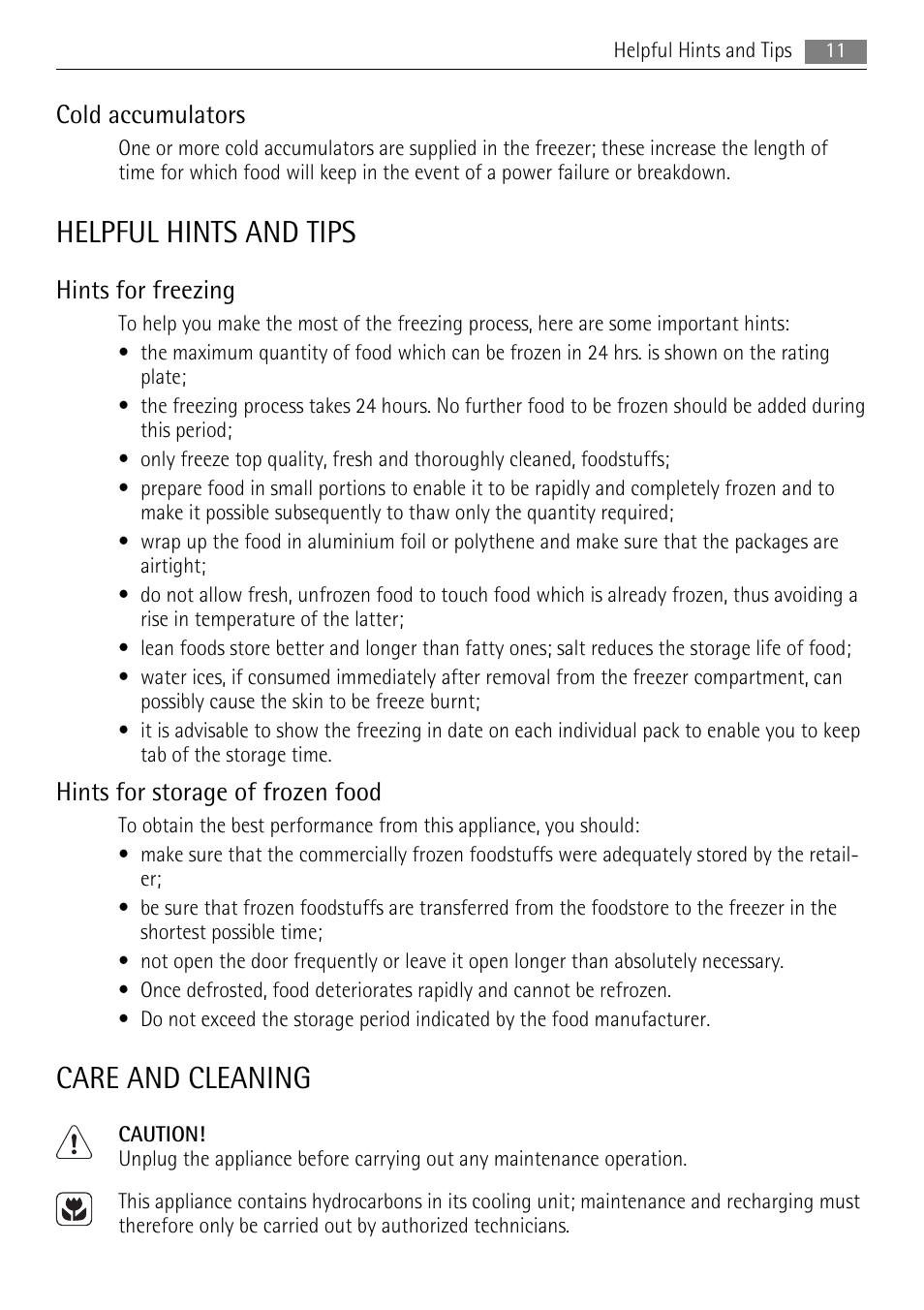 Helpful hints and tips, Care and cleaning, Cold accumulators | Hints for freezing, Hints for storage of frozen food | AEG AGN71800F0 User Manual | Page 11 / 20