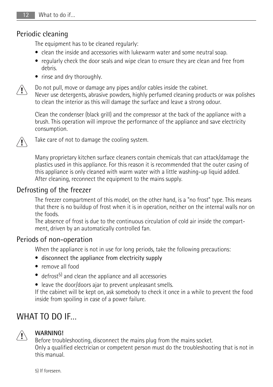 What to do if, Periodic cleaning, Defrosting of the freezer | Periods of non-operation | AEG AGN71800F0 User Manual | Page 12 / 20