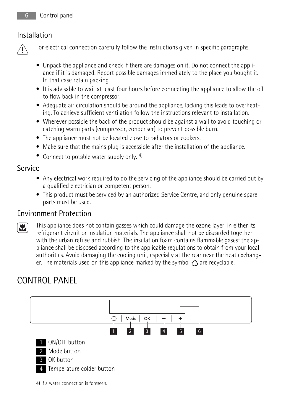 Control panel, Installation, Service | Environment protection | AEG AGN71800F0 User Manual | Page 6 / 20
