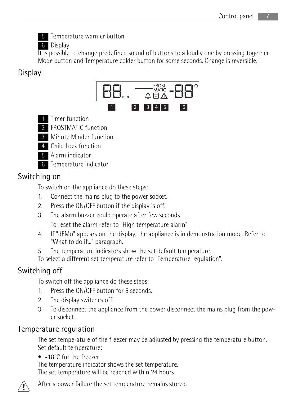 Display, Switching on, Switching off | Temperature regulation | AEG AGN71800F0 User Manual | Page 7 / 20