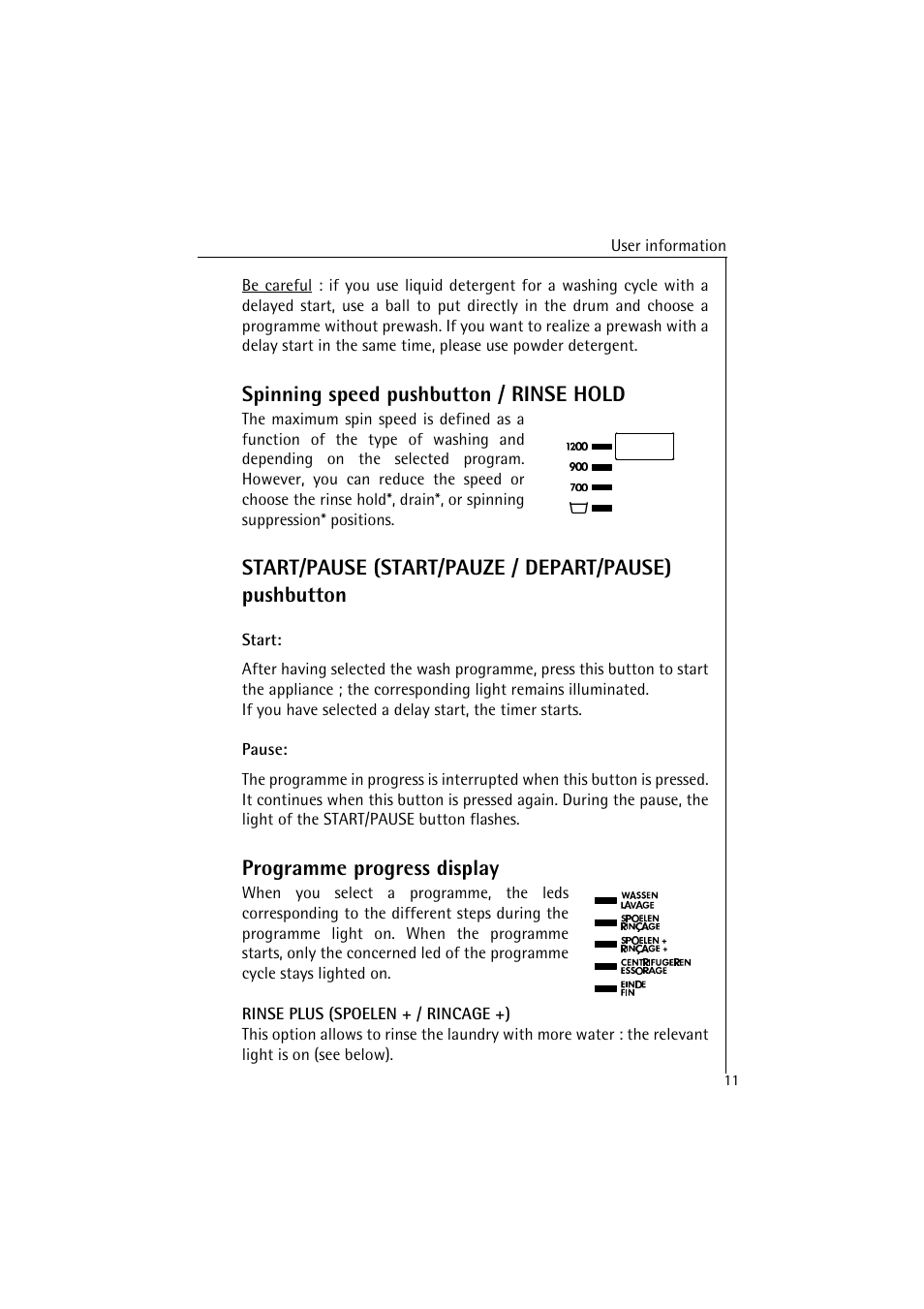 Spinning speed pushbutton / rinse hold, Programme progress display | AEG LAVAMAT 4520 User Manual | Page 11 / 36