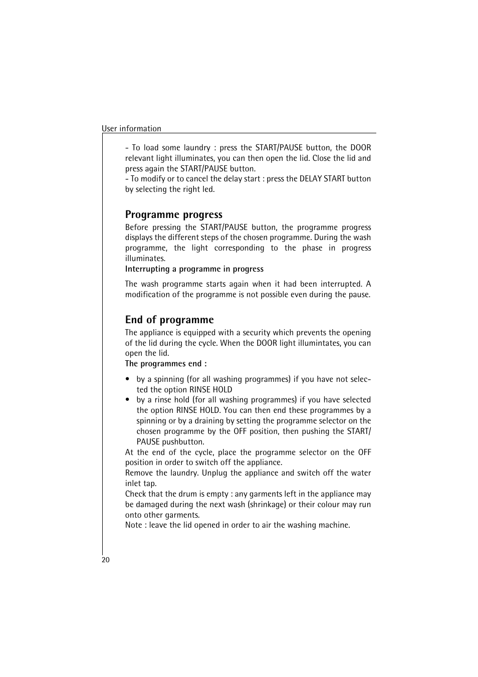 Programme progress, End of programme | AEG LAVAMAT 4520 User Manual | Page 20 / 36