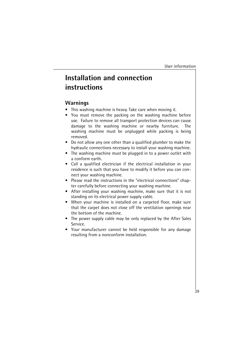 Installation and connection instructions, Warnings | AEG LAVAMAT 4520 User Manual | Page 29 / 36